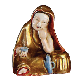 圖為清道光廣彩開光花蝶人物紋雙人耳方口扁瓶細節圖,圣母紐蓋。(來源:廣州十三行博物館)