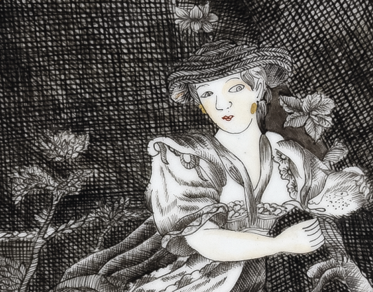 圖為清乾隆墨彩描金西方女性圖碟細節圖,碟心以墨彩繪西洋女性圖,這種碟是典型來樣加工出口瓷器,圖樣由外商提供并在中國燒制完工,然后再進行外銷。此碟圖案為歐洲第一名瓷德國梅森瓷器早期圖案。(來源:廣州十三行博物館)